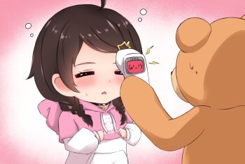 1girl =_= ahoge ankimo_(tokino_sora) black_choker blush braid brown_hair chibi choker commentary_request hair_ornament hololive hood hoodie korean_commentary looking_at_viewer low_twin_braids moezi o-ring o-ring_choker pink_hoodie solo star_(symbol) star_hair_ornament tokino_sora twin_braids virtual_youtuber