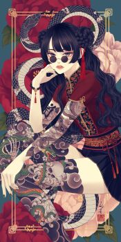 1girl absurdres arm_tattoo black_hair black_skirt braid braided_bun chinese_clothes double_bun feet_out_of_frame floral_background floral_print flower flower_tattoo hair_bun hand_up highres inset_border leg_tattoo lips long_hair looking_at_viewer looking_over_eyewear miniskirt nail_polish original puffy_short_sleeves puffy_sleeves red_flower red_shirt round_eyewear seal_impression shirt short_sleeves signature skirt skull_tattoo snake snake_tattoo solo sunglasses tattoo ushiyama_ame wavy_hair