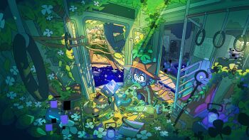 1other abandoned absurdres animal_ear_headwear animal_ears apocalypse battery blue_hair branch clover fake_animal_ears flower fox glitch hammer hand_grip hat highres holding holding_hammer niko_(oneshot) oneshot_(game) open_mouth overgrown plant pliers railroad_tracks robot rue_(oneshot) saghaley scarf scenery shamrock sleeves_past_wrists smile train train_interior train_station vending_machine vines wrench