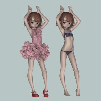 1girl 3d :o absurdres armpits arms_up asymmetrical_bangs bare_legs bare_shoulders barefoot bikini black_bikini blush brown_eyes brown_hair commentary_request dress flat_chest frilled_dress frills full_body halterneck high_heels highres knees kuroboshi_kouhaku llenn_(sao) looking_at_viewer multiple_views navel petite pink_dress rabbit_pose red_footwear sayori_(neko_works) short_hair simple_background sleeveless sleeveless_dress smile standing stomach swimsuit sword_art_online sword_art_online_alternative:_gun_gale_online toes transparent_background