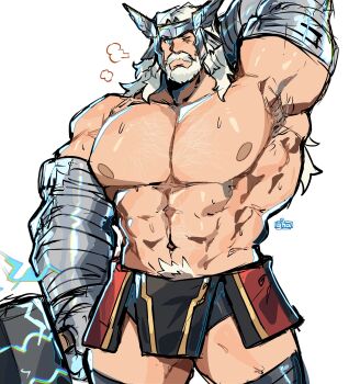1boy abs absurdres armpit_hair armpits bara beard blue_eyes connected_beard facial_hair full_beard gauntlets graysheartart hammer heavy_breathing helmet highres holding holding_hammer large_pectorals long_hair male_focus marvel marvel_rivals mature_male mjolnir_(marvel) muscular muscular_male mustache one_eye_closed pectorals skirt sweat thor_(marvel) thor_(marvel)_(series) white_hair winged_helmet