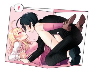 ! 1boy 1girl ahoge akamatsu_kaede bad_id bad_twitter_id black_hair black_jacket black_pants blonde_hair blush box breasts brown_footwear brown_necktie buttons closed_mouth collared_jacket collared_shirt commentary_request crest cross-laced_footwear dalrye_v3 danganronpa_(series) danganronpa_v3:_killing_harmony eye_contact eyelashes flustered fortissimo full_body grey_footwear hair_ornament hetero high_collar in_box in_container jacket kneehighs knees korean_commentary large_breasts layered_sleeves leg_lock long_hair long_sleeves looking_at_another lying miniskirt musical_note musical_note_hair_ornament musical_note_print necktie on_back open_mouth palms pants pink_eyes pink_socks pink_vest pinstripe_jacket pinstripe_pants pinstripe_pattern pleated_skirt purple_skirt saihara_shuichi shared_speech_bubble shirt shoes short_hair sidelocks simple_background skirt socks speech_bubble spoken_exclamation_mark sweatdrop sweater_vest undershirt v-neck vest white_background white_shirt yellow_eyes