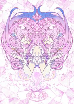 1girl absurdres aqua_hair bird breasts chinese_commentary commentary_request crystal_shards cyrene_(honkai:_star_rail) cyrene_(ripples_of_past_reverie)_(honkai:_star_rail) diamond-shaped_pupils diamond_(shape) dove earrings hair_flaps highres honkai:_star_rail honkai_(series) jewelry long_hair medium_breasts multicolored_hair multiple_views pink_hair purple_eyes quill rugu590401 smile symbol-shaped_pupils very_long_hair white_hair