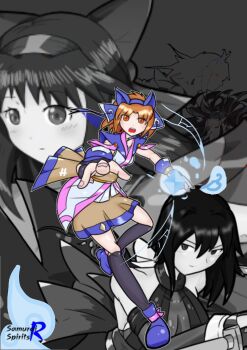 Rule 34 | 5girls, ainu clothes, alternate costume, black hair, breasts, brown eyes, brown hair, fighting stance, fingerless gloves, gloves, hair ribbon, highres, ice, japanese clothes, large breasts, long hair, medium breasts, miko, multiple girls, nakoruru, open mouth, outstretched arm, rashoujin mizuki, ribbon, rimururu, samurai spirits, serious, shiki (samurai spirits), short hair, siblings, sisters, skirt, snk, teeth, tongue