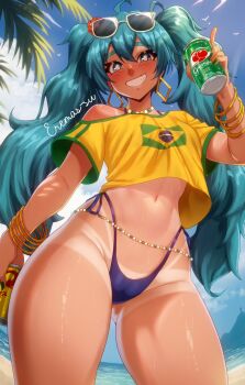 1girl ahoge aqua_eyes aqua_hair artist_name beach bead_necklace beads beer_can bikini blue_bikini blush bracelet brazilian_miku breasts can drink_can earrings eremas-su eyewear_on_head guarana_antarctica hair_between_eyes hatsune_miku highres jewelry long_hair looking_at_viewer medium_breasts midriff mountainous_horizon navel necklace ocean open_mouth palm_tree shirt skol smile soda_can solo sunglasses swimsuit tan tanline tree twintails vocaloid yellow_shirt