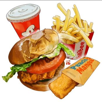 bread bread_bun burger chicken_(food) commentary cup disposable_cup english_commentary fast_food food food_focus french_fries jollibee lettuce no_humans pie simple_background studiolg tomato tomato_slice white_background