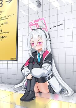 1girl :< arrow_(symbol) artist_name battery_indicator black_hairband black_shoes black_skirt black_thighhighs blazer blue_archive blue_necktie blush braid cable charging_device closed_mouth collared_shirt commentary english_commentary english_text frown full_body hair_between_eyes hairband halo highres hugging_own_legs jacket kei_(blue_archive) kei_(new_body)_(blue_archive) knees_up linear_71 long_bangs long_hair long_sleeves miniskirt necktie object_on_head on_floor open_clothes open_jacket phone pink_eyes pink_halo rectangular_halo ringed_eyes school_uniform shirt shoes sitting skirt solo the_exit_8 thighhighs tile_wall tiles tsurime v-shaped_eyebrows very_long_hair white_hair white_shirt