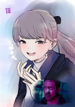 +++ 1boy 1girl absurdres bandage_on_nose black_ribbon blade_runner_(series) blade_runner_2049 blush brown_hair goslingposting_(meme) hands_up highres k_(blade_runner_2049) lapwing_(vrchat) laughing looking_at_viewer maskurouka meme open_mouth purple_eyes ribbon ryan_gosling seal_impression teeth vrchat you_look_lonely_(meme)