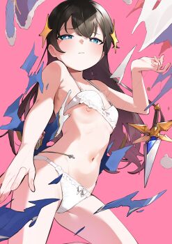 1girl absurdres arm_at_side armpit_crease bare_arms bare_shoulders belt belt_buckle black_hair blue_eyes blue_jacket blue_skirt blush bow bow_bra bow_panties bra bra_lift breasts bright_pupils buckle clothes_lift commentary cowboy_shot dagger exploding_clothes fingernails frilled_bra frilled_panties frills fur-trimmed_jacket fur_trim goe_(g-o-e) hair_between_eyes hair_ornament half-closed_eyes hand_up highres holding holding_string jacket kagura_hikari knife leg_up long_hair looking_at_viewer navel nipples one_breast_out panties parted_lips pink_background raised_eyebrows sheng_biao_(weapon) shoujo_kageki_revue_starlight simple_background skirt small_breasts solo sparkle_hair_ornament standing standing_on_one_leg stomach string string_around_finger stuffed_animal stuffed_toy teddy_bear torn_belt torn_clothes torn_jacket torn_skirt underwear underwear_only unworn_belt unworn_jacket wavy_hair weapon white_bow white_bra white_panties white_pupils yellow_belt