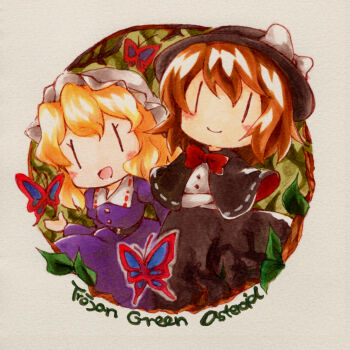 Rule 34 | 2girls, :d, belt, black belt, black capelet, black hat, black skirt, blonde hair, blush, bow, bowtie, brown hair, butter, buttons, capelet, chibi, chibi only, closed mouth, collared dress, contrast collar, crossed arms, dress, dress shirt, food, hair between eyes, hat, hat bow, highres, leaf, long sleeves, maribel hearn, marker (medium), multiple girls, open mouth, overgrown, plant, puffy long sleeves, puffy sleeves, red bow, red bowtie, sanwa no jako (daikichi club), shirt, short hair, skirt, sleeve garter, smile, torifune (touhou), touhou, traditional media, trojan green asteroid, usami renko, vines, white background, white bow, white shirt, | |