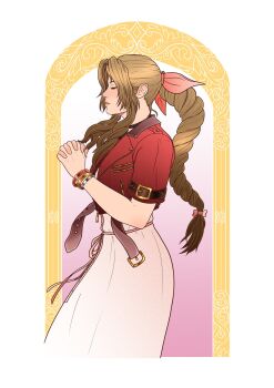 1girl aerith_gainsborough bangle border bracelet braid braided_ponytail brown_hair choker closed_eyes cowboy_shot cropped_jacket dress final_fantasy final_fantasy_vii final_fantasy_vii_remake hair_ribbon highres jacket jewelry long_dress long_hair noctglaiveart own_hands_clasped own_hands_together parted_bangs pink_background pink_dress pink_ribbon profile red_jacket ribbon short_sleeves sidelocks single_braid solo white_border