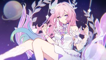 1girl bare_shoulders blue_hair breasts chromatic_aberration closed_mouth cyrene_(honkai:_star_rail) cyrene_(demiurge)_(honkai:_star_rail) diamond-shaped_pupils diamond_(shape) dress flower gradient_hair hair_flower hair_intakes hair_ornament halo halo_behind_head highres honkai:_star_rail honkai_(series) long_hair looking_at_viewer medium_breasts multicolored_hair multicolored_nails nail_polish on_swing pink_hair purple_eyes purple_flower purple_nails purple_rose rose smile solo swing symbol-shaped_pupils thighs white_dress xiaohutu