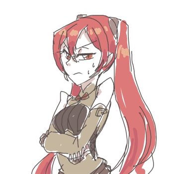 bare_shoulders crossed_arms davewaterfalls fire_emblem fire_emblem_awakening looking_at_viewer nintendo red_eyes red_hair severa_(fire_emblem) simple_background sketch sweat twintails