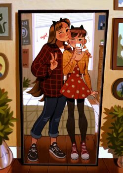 Rule 34 | 2girls, absurdres, animal ears, bed, black pantyhose, blue pants, brown hair, brown shirt, cat ears, cellphone, commentary, couple, cropped shirt, dress, earrings, english commentary, flower, flower pot, friedbaens, hand on another's shoulder, highres, holding, holding phone, indoors, jewelry, long hair, mirror, multiple girls, orange shirt, original, pants, pantyhose, phone, picture frame, plaid clothes, plaid shirt, polka dot, polka dot dress, red dress, selfie, shirt, shoes, short hair, smartphone, sneakers, standing, tongue, tongue out, v, whiskers, wooden floor, yuri
