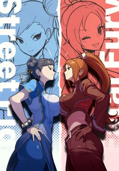 2girls absurdres akiman_pose black_pants blue_pants bracelet breast_press breasts capcom chinese_clothes chun-li copyright_name cropped_jacket crossover double_bun eye_contact face-to-face fatal_fury fatal_fury:_city_of_the_wolves hair_bun hair_ribbon hands_on_own_hips highres jewelry large_breasts looking_at_another motoyui multiple_girls pants ponytail ribbon rivalry sach56000 shiranui_mai street_fighter street_fighter_6 symmetrical_docking