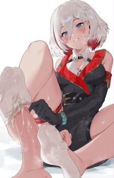 1boy 1girl absurdres blue_eyes blush breasts cleavage crotchless cum cum_on_body cum_on_penis feet footjob footjob_with_legwear highres honkai:_star_rail honkai_(series) lost-phews medium_breasts medium_hair multicolored_hair parted_lips pussy sock_on_penis sockjob socks soles streaked_hair topaz_(honkai:_star_rail) two-tone_hair uncensored white_hair white_socks