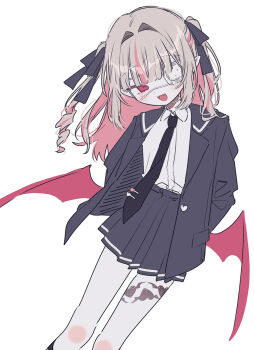 1girl black_hair black_jacket black_necktie brown_hair demon_wings eyepatch hair_intakes hair_ribbon hashtag-only_commentary highres jacket long_hair low_wings makaino_ririmu medical_eyepatch multicolored_hair necktie nijisanji patzzi pink_eyes pleated_skirt ribbon school_uniform simple_background skirt solo streaked_hair two-tone_hair two_side_up virtual_youtuber white_background wings