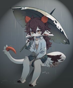 1boy absurdres bell body_fur brown_hair chinese_commentary commentary_request crossed_bangs dated dragon_boy dragon_tail furry furry_male grey_background hair_between_eyes highres holding holding_umbrella horns invisible_chair jingle_bell long_hair male_focus naked_shirt neck_bell original rain red_horns shirt sitting solo tail umbrella zhi_lai_fu