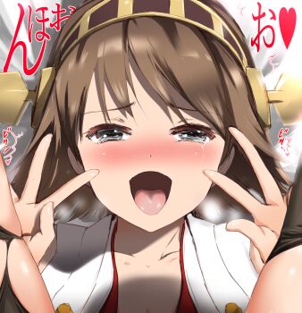 1girl black_eyes blush brown_hair commentary_request crying double_w hairband heavy_breathing hiei_(kancolle) highres implied_sex kantai_collection legs_up lying mushi_gyouza on_back portrait shadow short_hair solo streaming_tears tears thighhighs torn_clothes torn_thighhighs torogao translation_request w yellow_hairband