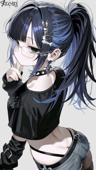 1girl absurdres ass belt black_choker black_eyes black_hair black_shirt blue_hair brown_pantyhose butt_crack chain chiromi choker closed_mouth cowboy_shot crop_top cutoffs denim denim_shorts detached_sleeves ear_piercing earrings empty_eyes expressionless finger_to_cheek from_behind glasses goth_fashion grey_shorts hair_ornament hairclip hand_up hashtag-only_commentary highleg highres jewelry long_hair long_sleeves looking_at_viewer looking_back median_furrow midriff mole mole_under_eye multicolored_hair original panty_straps pantyhose piercing ponytail rimless_eyewear shirt short_shorts short_sleeves shorts simple_background solo spiked_choker spikes streaked_hair thighband_pantyhose white_background