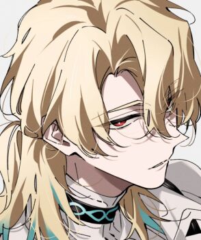 1boy blonde_hair commentary dlckrpwjd111 grey_hair hair_between_eyes half-closed_eyes hashtag-only_commentary long_hair looking_at_viewer luuk_herssen_(wuthering_waves) male_focus parted_lips portrait red_eyes simple_background solo wuthering_waves