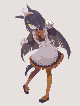 1girl absurdres animal_ears apron black_dress black_hair blunt_ends bow bowtie closed_mouth dot_mouth dress expressionless frilled_apron frilled_dress frills green_bow green_bowtie green_pantyhose grey_pantyhose hair_over_one_eye hands_up highres horse_ears horse_girl long_hair looking_at_viewer maid_headdress manhattan_cafe_(umamusume) okk1772 pantyhose polka_dot polka_dot_pantyhose simple_background solo striped_clothes striped_pantyhose umamusume very_long_hair white_apron white_background yellow_eyes
