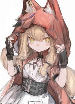 1girl absurdres animal_ears arknights arknights:_endfield black_gloves blonde_hair cape commentary ears_through_headwear english_commentary fingerless_gloves gloves highres hood hood_up hooded_cape looking_at_viewer piennamekuzi red_cape rossi_(arknights) simple_background solo tail white_background wolf_ears wolf_girl yellow_eyes