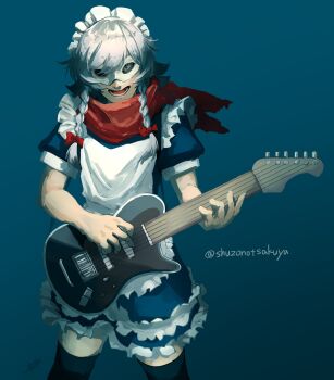 1girl apron black_thighhighs blue_background blue_dress blue_eyes bow braid commentary_request doggo_1d34 dress eye_mask grey_hair guitar hair_bow highres holding holding_guitar holding_instrument instrument izayoi_sakuya long_hair looking_at_viewer lower_teeth_only maid maid_headdress mask open_mouth red_bow red_scarf scarf sekken-ya shuuzou signature smile solo teeth thighhighs touhou twin_braids twitter_username white_apron white_mask