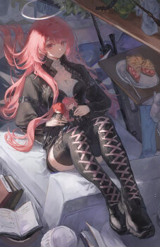 1girl absurdres apple_pie arknights black_jacket book boots character_doll couch doll earrings explosive exusiai_(arknights) food grenade halo highres jacket jewelry lace-up_boots lemuen_(arknights) long_hair mumu_millhayes on_couch open_book pie pink_eyes pink_hair single_earring thigh_boots
