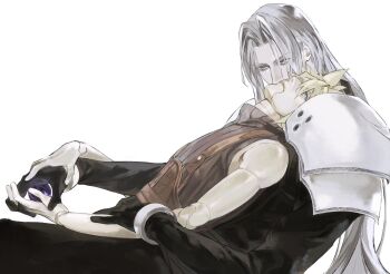 2boys alternate_eye_color armor belt black_coat black_gloves black_materia black_sweater blonde_hair blue_eyes bracer brown_belt cloud_strife coat commentary doll_joints english_commentary final_fantasy final_fantasy_vii final_fantasy_vii_remake gloves grey_eyes grey_hair hair_intakes hand_on_another&#039;s_arm hand_on_another&#039;s_hand highres joints kiss kissing_cheek leaning_back leaning_on_person long_bangs long_coat long_hair long_sleeves male_focus multiple_boys on_lap orb parted_bangs pauldrons sephiroth short_hair shoulder_armor simple_background sitting sleeveless sleeveless_sweater sleeveless_turtleneck slit_pupils spiked_hair suspenders sweater turtleneck turtleneck_sweater upper_body white_background xscr1205 yaoi