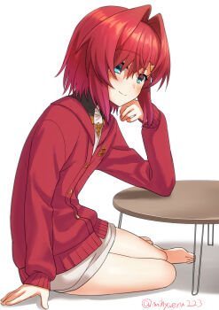 1girl absurdres ange_katrina ange_katrina_(1st_costume) aqua_eyes arm_support bare_legs barefoot blush cardigan closed_mouth commentary_request dress elbow_rest flat_chest full_body gradient_eyes hair_intakes hair_ornament hair_over_eyes hand_on_own_cheek hand_on_own_face head_rest highres looking_at_viewer looking_to_the_side medium_hair mihyaeeru multicolored_eyes nijisanji purple_eyes red_cardigan red_hair short_dress sitting sleeves_past_wrists smile solo split_mouth table triangle_hair_ornament twitter_username virtual_youtuber white_background white_dress yokozuwari