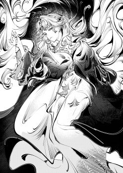 1girl absurdres barefoot beryl_bouanich black_background cloak dress feet_out_of_frame floating_hair greyscale hand_up highres long_dress long_hair looking_at_viewer mengyouyouyouyouyou monochrome parted_lips reverse:1999 solo very_long_hair