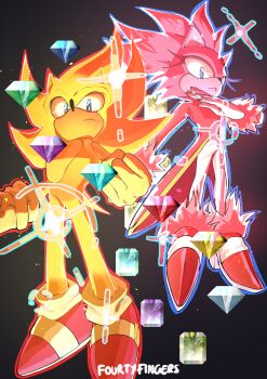 1boy 1girl absurdres alternate_form animal_ears aura blaze_the_cat blue_eyes blue_outline burning_blaze cat_ears cat_girl cat_tail chaos_emerald forehead_jewel fourtyfingers frown highres looking_at_viewer outline purple_eyes red_outline sol_emerald sonic_(series) sonic_frontiers sonic_rush sonic_the_hedgehog sparkle super_sonic super_sonic_2 tail