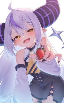 1girl absurdres ahoge bare_shoulders black_dress black_horns black_nails blush braid braided_bangs chest_harness collared_dress commentary_request cross-laced_slit demon_horns detached_sleeves double-parted_bangs dress fangs food foreshortening from_below fruit grey_hair half-closed_eyes hand_rest harness highres holding holding_food hololive horns incoming_food la+_darknesss la+_darknesss_(1st_costume) long_hair looking_at_viewer multicolored_hair multicolored_horns nail_polish necktie o-ring open_mouth pointy_ears purple_hair purple_horns revision short_dress short_necktie side_slit sidelocks simple_background sleeveless sleeveless_dress slit_pupils smile solo strawberry streaked_hair striped_horns tail tsubasasekai two-tone_horns very_long_hair virtual_youtuber white_background white_dress white_sleeves yellow_eyes yellow_necktie