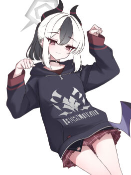 1girl black_choker black_hair black_hoodie black_horns blue_archive bright_pupils checkered_clothes checkered_skirt choker closed_mouth collarbone commentary crossed_bangs demon_horns demon_wings ear_piercing earclip grey_halo hair_between_eyes halo highres hncstk hood hood_down hoodie horns kayoko_(blue_archive) light_smile looking_at_viewer mole mole_on_collarbone multicolored_hair paw_pose piercing pleated_skirt ponytail problem_solver_68_(blue_archive) red_eyes red_skirt sidelocks simple_background single_wing skirt solo thighs two-tone_hair white_background white_hair white_pupils wings zipper