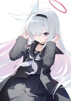 1girl absurdres black_hairband black_jacket black_sailor_collar black_serafuku black_shirt black_skirt blue_archive blush bow braid colored_inner_hair hairband halo highres jacket liago long_hair looking_at_viewer multicolored_hair neckerchief open_clothes open_jacket pink_hair plana_(blue_archive) red_halo sailor_collar school_uniform serafuku shirt side_braid simple_background skirt solo white_background white_bow white_hair white_neckerchief