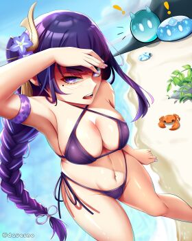 Rule 34 | 1girl, absurdres, alternate costume, angry, arm up, armpits, artist name, blue sky, blunt bangs, blurry, blurry background, blush, braid, breasts, cleavage, cloud, cloudy sky, crab, cryo slime (genshin impact), davesno, depth of field, fan hair ornament, from above, genshin impact, glaring, hair ornament, hair ribbon, highres, hydro slime (genshin impact), leaning forward, long braid, long hair, looking to the side, mole, mole under eye, multicolored hair, navel, ocean, open mouth, outdoors, purple eyes, purple hair, raiden shogun, ribbon, sand, shaded face, single braid, sky, slime (genshin impact), standing, stomach, streaked hair, swimsuit, teeth, thick thighs, thighs, toned, toned female, twitter username, upper body, upper teeth only, water