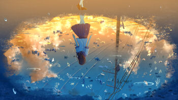 1girl absurdres arms_at_sides black_sailor_collar black_skirt commentary_request evening gradient_sky highres orange_clouds original outdoors pleated_skirt power_lines puddle reflection reflection_focus ripples sailor_collar school_uniform serafuku shirt short_sleeves sinsyou_sketcher skirt sky solo utility_pole walking water water_drop white_shirt