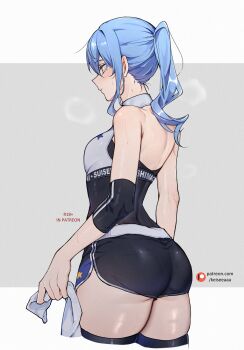 Rule 34 | 1girl, absurdres, ass, black shorts, black thighhighs, blue eyes, blue hair, breasts, character name, clothes writing, commentary, cropped legs, english commentary, from behind, highres, holding, holding towel, hololive, hoshimachi suisei, keisea, long hair, ponytail, short shorts, shorts, sidelocks, skin tight, small breasts, solo, sports bra, thighhighs, towel, virtual youtuber, white sports bra