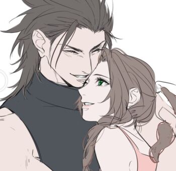 1boy 1girl aerith_gainsborough bare_shoulders black_hair black_sweater braid braided_ponytail brown_hair closed_eyes commentary couple crisis_core:_final_fantasy_vii final_fantasy final_fantasy_vii green_eyes hair_ribbon heads_together hetero long_hair parted_bangs parted_lips pink_dr pink_ribbon ribbon sleeveless sleeveless_turtleneck smile spiked_hair square_enix sweater tang_xinzi turtleneck turtleneck_sweater upper_body zack_fair
