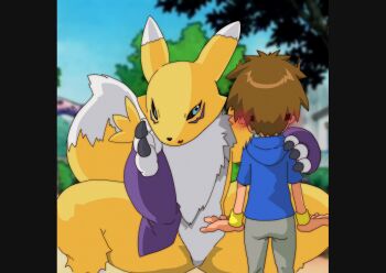blush dan_de_lion digimon digimon_tamers furry furry_female imminent_penetration looking_at_another matsuda_takato renamon whispering