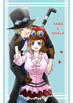Rule 34 | 1boy, 1girl, ^ ^, aco lovesan73, black coat, black hat, black thighhighs, blonde hair, blue background, blue eyes, character name, cheek pinching, closed eyes, coat, commentary request, eyelashes, goggles, goggles on headwear, hat, heart, highres, koala (one piece), looking at viewer, one piece, orange hair, pinching, pink shirt, sabo (one piece), scar, scar on face, shirt, short hair, skirt, thighhighs, twitter username