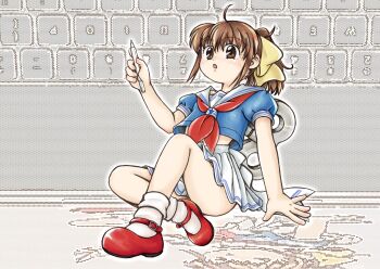 1girl ahoge blue_shirt bow brown_eyes brown_hair commentary_request computer_keyboard full_body hair_bow hand_up highres holding holding_stylus knee_up looking_at_viewer mary_janes medium_hair minakami_marin neckerchief open_mouth original pleated_skirt ponytail puffy_short_sleeves puffy_sleeves red_neckerchief red_shoes sailor_collar shirt shoes short_sleeves sitting skirt socks solo stylus white_sailor_collar white_skirt white_socks winding_key yellow_bow zenmai-chan