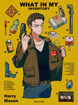 Rule 34 | 1boy, artist name, black shirt, brown hair, gun, haejeo1008, handgun, harry mason, highres, holding, holding gun, holding weapon, jacket, lead pipe, male focus, open clothes, open jacket, pistol, s&amp;w sw, screwdriver, shirt, signature, silent hill, silent hill (series), twitter username, weapon