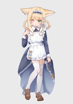 1girl 8_nana_usagi alternate_costume animal_ears apron arknights blonde_hair braid commentary dress enmaided fox_ears full_body garter_straps green_eyes highres maid one_eye_closed shoes simple_background solo suzuran_(arknights) thighhighs white_apron white_thighhighs