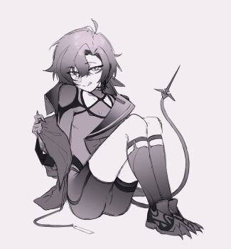 1boy absurdres ahoge bishounen bodysuit bulge greyscale hair_between_eyes highres holostars holostars_english knees_up licking_lips long_sleeves looking_at_viewer machina_x_flayon machina_x_flayon_(1st_costume) male_focus mechanical_tail monochrome narrowed_eyes seductive_smile short_hair sitting slit_pupils smile solo tail tazik tight_clothes tongue tongue_out undressing virtual_youtuber white_background