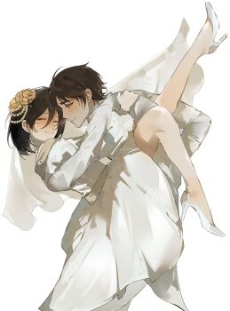 Rule 34 | 1boy, 1girl, bare legs, black hair, bridal veil, bride, brown hair, closed eyes, closed mouth, commentary, couple, dress, eren yeager, facial scar, feet out of frame, flower, from side, green eyes, groom, hair between eyes, hair flower, hair ornament, hand on another's back, hetero, high heels, highres, jacket, leaning back, leaning forward, leg up, looking at another, mikasa ackerman, profile, rei owo7, scar, scar on cheek, scar on face, shingeki no kyojin, shoes, short hair, smile, symbol-only commentary, veil, wedding dress, white background, white dress, white jacket, white shoes