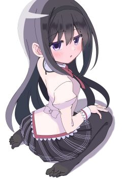 1girl absurdres akemi_homura back_bow black_hair black_hairband black_pantyhose black_skirt blush bow child commentary_request feet frilled_shirt frills from_above from_behind hairband highres looking_at_viewer looking_back looking_up mahou_shoujo_madoka_magica miniskirt neckerchief no_shoes pantyhose plaid_clothes plaid_skirt purple_eyes red_neckerchief red_trim riuriumagi shirt simple_background skirt solo toes white_background white_shirt