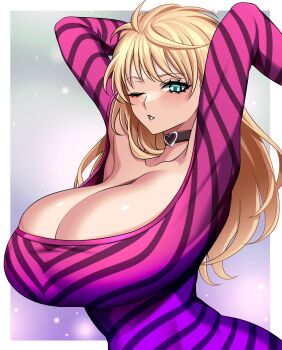 1girl absurdres animification aqua_eyes arms_behind_head bare_shoulders bleached_hair blonde_hair bracelet breasts choker cleavage dress eyeshadow gradient_clothes gradient_dress hair_behind_ear heart heart_choker highres huge_breasts hz_(666v) impossible_clothes impossible_dress jewelry long_hair makeup off_shoulder one_eye_closed pandora_peaks purple_eyeshadow real_life second-party_source solo striped_clothes striped_dress tight_clothes tight_dress v-shaped_eyebrows