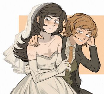 1boy 1girl abaddon_(haunted_hotel) abaddon_(human)_(haunted_hotel) black_eyes bride brown_eyes brown_hair commentary cowboy_shot cross_scar crossdressing crossdressing_(ftm) crossdressing_(mtf) dress elbow_gloves english_commentary esther_freeling formal_clothes gloves green_vest groom hand_on_another&#039;s_shoulder haunted_hotel hetero highres jewelry lifeisassholee long_hair looking_at_viewer orange_background ring scar scar_on_arm scar_on_chest short_hair simple_background strapless strapless_dress suit veil vest wedding_dress white_dress